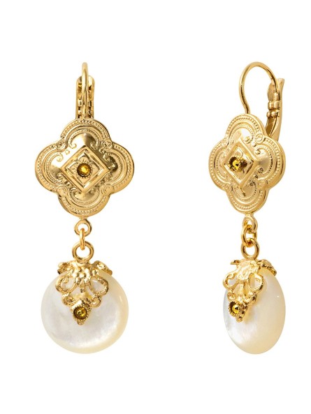 Satellite - POSITANO Boucles d'oreilles dormeuses nacre blanche et cristaux