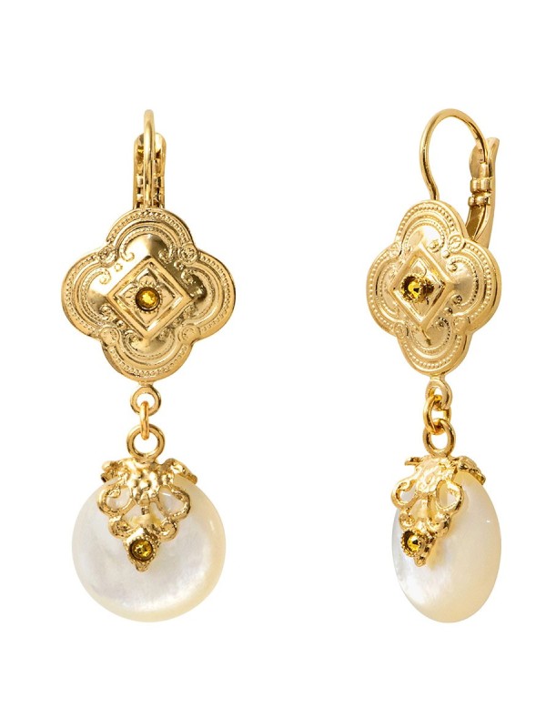 Satellite - POSITANO Boucles d'oreilles dormeuses nacre blanche et cristaux