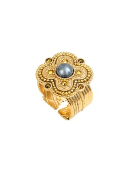 Satellite - POSITANO Bague ajustable cabochon nacré gris et cristaux