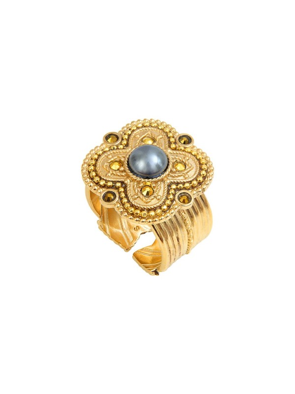 Satellite - POSITANO Bague ajustable cabochon nacré gris et cristaux