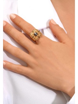 Satellite - POSITANO Bague ajustable cabochon nacré gris et cristaux