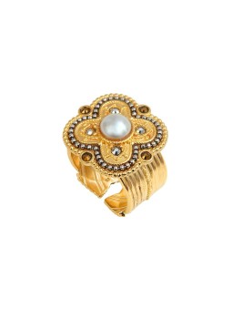 Satellite - POSITANO Bague ajustable cabochon nacré blanc et cristaux