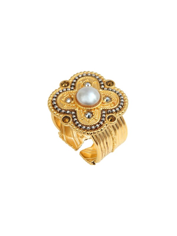 Satellite - POSITANO Bague ajustable cabochon nacré blanc et cristaux