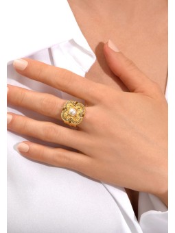 Satellite - POSITANO Bague ajustable cabochon nacré blanc et cristaux