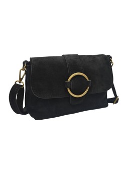 Soleil Chic - Anneau Sac besace avec rabat cuir Nubuck Noir